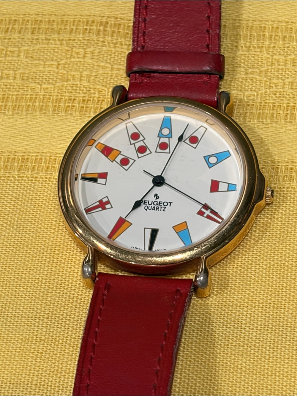 Vintage Peugeot Nautical Flag Dial Watch Gold Tone Red Leather Quartz Yachting